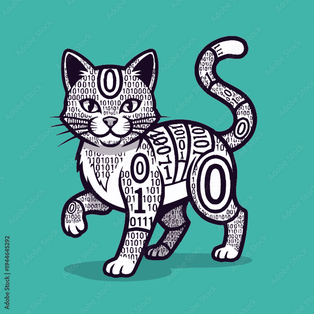Obraz premium Playful binary code cat illustration symbolizing digital information, programming, and artificial intelligence on a teal background