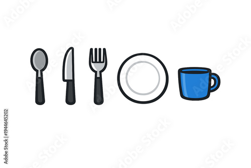 A flat vector illustration featuring a spoon, knife, fork, white plate, and a blue mug arranged in a row against a solid black background. Ideal for kitchen or dining themes.