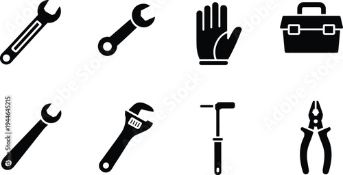 Repair tools icon set, wrench pliers hammer toolbox glove adjustable spanner maintenance equipment symbols vector silhouette collection