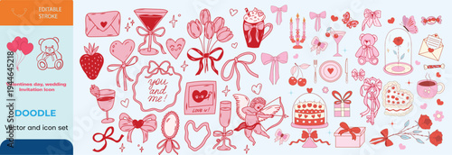 Set of hand drawn coquette elements for Valentines day, wedding invitation, birthday card. Cute girly bows, ribbons, cherry, cake, toy bear, cocktail, rose, strawberry. Vintage vector illustration