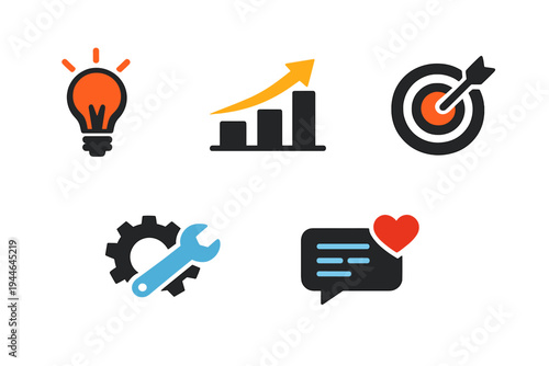 A collection of five colorful business icons on a black background, including a lightbulb, a bar chart with an arrow, a target, a gear with a wrench, and a speech bubble with a heart.