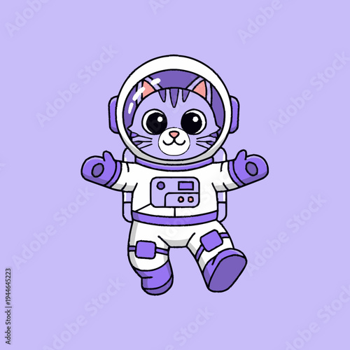 Adorable cartoon purple striped cat astronaut character floating in a cosmic space suit, cute feline illustration.