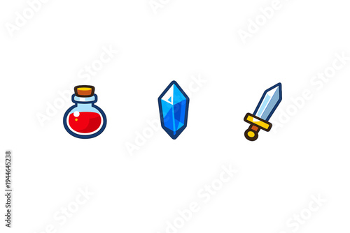 A collection of three fantasy game icons featuring a red health potion bottle, a blue crystal shard, and a small sword with a golden hilt isolated on a black background.
