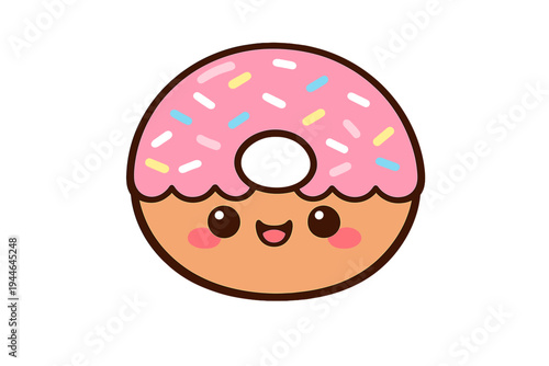A cute kawaii style donut illustration featuring pink frosting and colorful sprinkles. The donut has a happy smiling face with rosy cheeks against a solid black background.