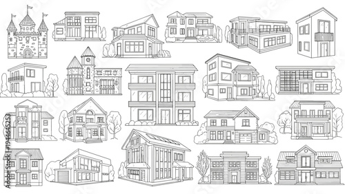 Set of modern architectural sketches showing various residential house designs and contemporary building styles in a clean line art format.