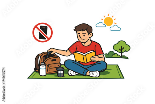An illustration of a man sitting on a mat in a park, reading a book and putting his phone in a bag. A no-phone sign is visible, suggesting a digital detox on a sunny day.