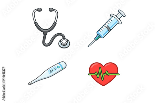 A collection of four medical icons including a stethoscope, a syringe, a digital thermometer, and a red heart with a heartbeat line, all set against a solid black background.