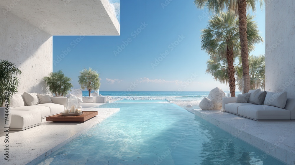 Fototapeta premium Luxury beach villa with a spacious terrace, sun loungers, and tropical palms. 