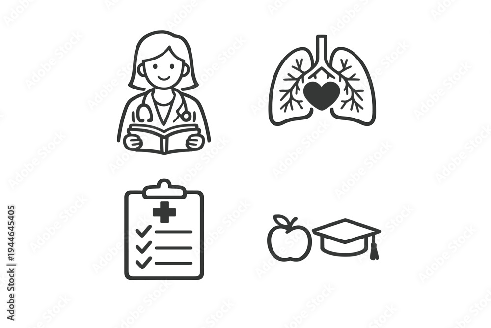 Obraz premium A collection of four black and white line icons representing medical education and health, featuring a doctor reading, lungs with a heart, a medical clipboard, and an apple with a graduation cap.
