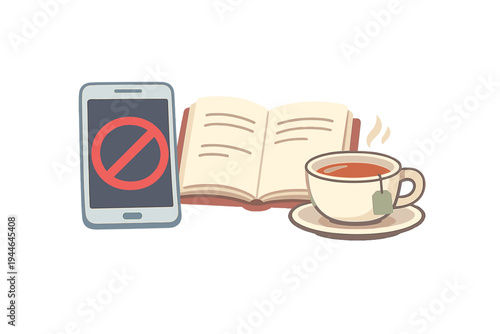 An illustration of a smartphone with a red prohibition sign on the screen next to an open book and a steaming cup of tea, representing a digital detox and focused reading time.