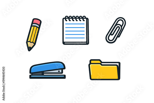 A collection of five colorful office supply icons including a pencil, spiral notebook, paperclip, stapler, and folder, presented in a flat vector style on a black background.