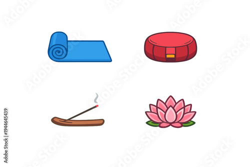 A collection of four colorful icons representing yoga and meditation, including a blue mat, a red cushion, a burning incense stick, and a pink lotus flower on a black background.