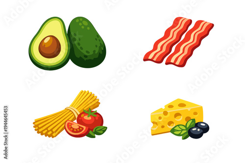 A collection of food illustrations featuring a halved avocado, strips of bacon, a bundle of spaghetti with tomatoes, and a wedge of Swiss cheese with olives on a black background.