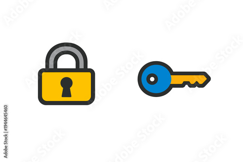 A yellow padlock with a grey shackle and a blue key with a yellow blade are shown as flat icons on a black background. The graphic elements are simple and stylized with bold outlines.