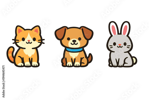 A flat vector illustration depicts three adorable pets including a ginger cat, a puppy with a blue collar, and a bunny rabbit, all isolated on a black background.