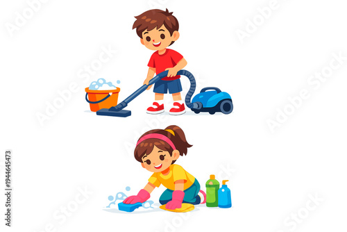 This cartoon illustration features a young boy using a vacuum cleaner and a young girl scrubbing the floor with a sponge. Both children are happily performing household chores.