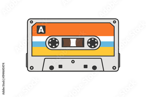 A flat vector illustration of a vintage cassette tape with a colorful label featuring orange, blue, and yellow stripes on a black background. The tape has a letter A on the top left.
