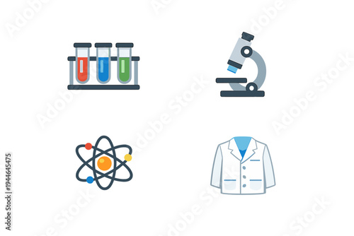 A collection of four science-themed icons including test tubes in a rack, a microscope, an atomic model, and a white lab coat, all presented in a flat design style on a black background.