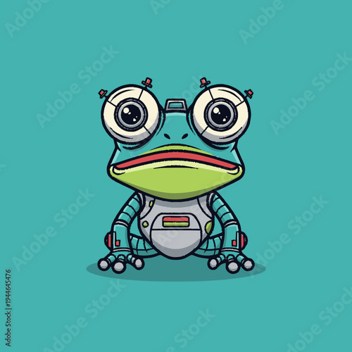 Charming cartoon robot frog illustration, a cute futuristic amphibian character design with expressive wide eyes.