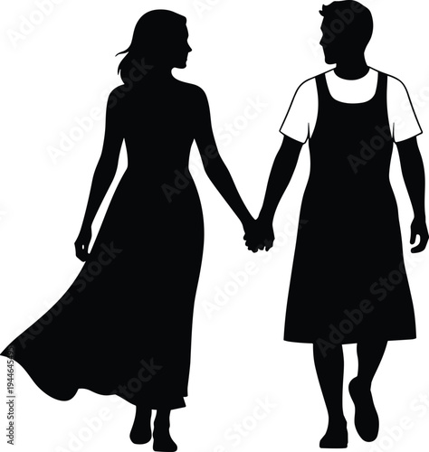 Couple holding hands silhouette illustration, walking together artwork, romantic connection design, companionship vector graphic, love relationship symbol