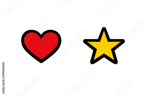 A vibrant red heart and a bright yellow five-pointed star are positioned side by side against a solid black background. The simple graphic elements create a bold and high-contrast image.