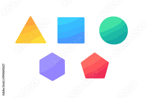 A collection of five colorful geometric shapes including a triangle, square, circle, hexagon, and pentagon with vibrant gradients arranged on a dark textured background.