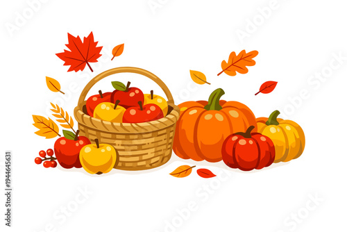 A vibrant autumn harvest illustration featuring a wicker basket of apples, various pumpkins, and falling leaves against a black background. Captures the essence of the fall season.
