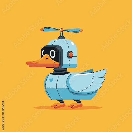 Cute cartoon robot duck illustration with propeller hat, futuristic robotic animal character on a vibrant orange background