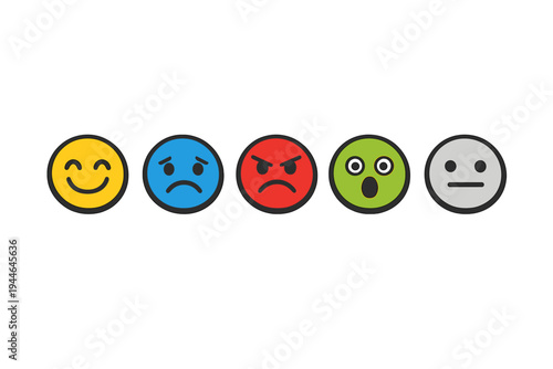 Five colorful round icons representing different human emotions are arranged in a horizontal row against a solid black background, showing happy, sad, angry, surprised, and neutral faces.