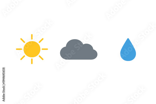 A minimalist illustration featuring three weather icons: a bright yellow sun, a grey cloud, and a blue water drop, all arranged horizontally against a solid black background.