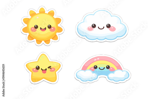 A set of four cute kawaii stickers featuring a smiling sun, a fluffy white cloud, a winking yellow star, and a colorful rainbow with clouds, all with rosy cheeks on a black background.