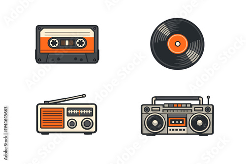 A set of four retro audio equipment icons including a cassette tape, vinyl record, portable radio, and boombox, presented in a flat vector style on a solid black background.