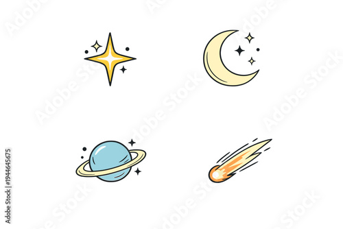 A collection of four celestial icons including a yellow star, a crescent moon, a blue ringed planet, and a streaking comet, all set against a solid black background in a flat style.