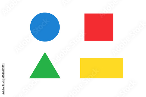 A collection of four basic geometric shapes including a blue circle, red square, green triangle, and yellow rectangle arranged in a grid pattern against a solid black background.