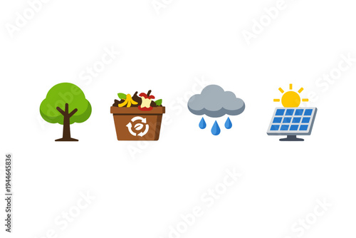A collection of four environmental icons featuring a green tree, a brown compost bin with food scraps, a grey rain cloud with blue drops, and a solar panel under a bright yellow sun.