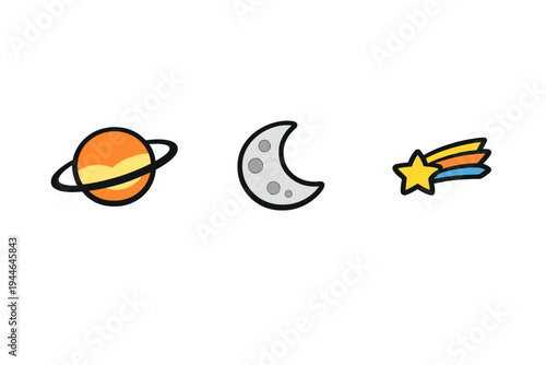 Three colorful cartoon space icons featuring an orange ringed planet, a grey cratered crescent moon, and a yellow shooting star with a colorful tail on a solid black background.