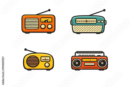 Four retro radio icons in different colors and shapes are displayed on a black background. Each illustration features classic details like antennas, tuning dials, and speakers.