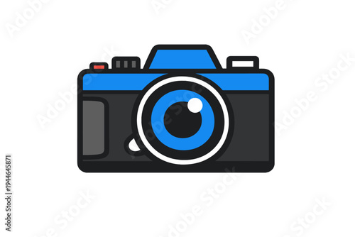 This minimalist vector illustration features a blue and dark grey digital camera with a prominent lens and a red button. The graphic is set against a solid black background.