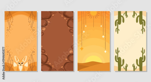 Desert Landscape Collection: Fennec Fox, Cacti, Sunset, Rocks - Vertical Templates