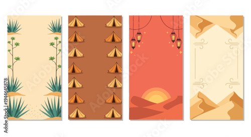 Desert Landscape Templates: Tents, Cacti, Dunes, Sunset, Lanterns