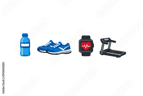 A set of fitness icons featuring a blue water bottle, running shoes, a smartwatch displaying a heart rate, and a treadmill. The illustrations are presented on a solid black background.