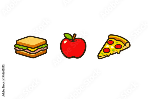 A flat illustration featuring a sandwich, a red apple, and a slice of pepperoni pizza arranged horizontally against a solid black background. The food items have thick outlines.