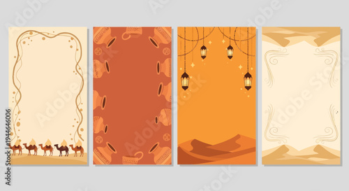 Desert Oasis Ramadan Kareem Backgrounds with Camels, Lanterns, and Dunes