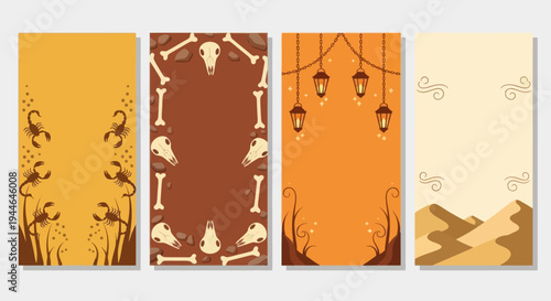 Halloween & Desert Themed Vertical Card Designs with Scorpions, Skulls, Lanterns & Dunes