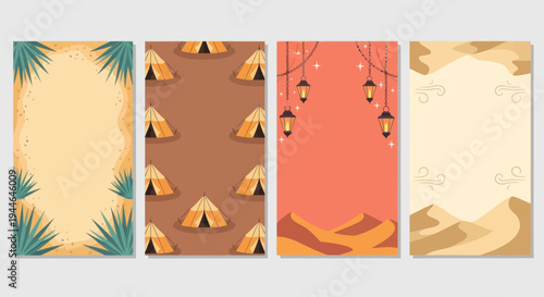 Desert Landscape Story Templates with Tents, Lanterns, and Palm Leaves