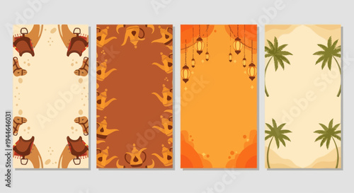 Middle Eastern Desert Scene Frames with Camels, Palms, Lanterns, and Ornate Patterns