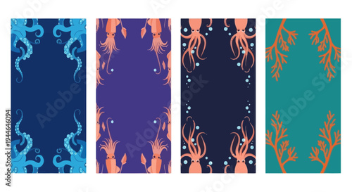 Oceanic Creatures and Coral Decorative Borders - Blue, Purple, Teal