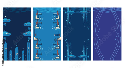 Underwater Scene with Submarines, Bubbles, and Surface Waves