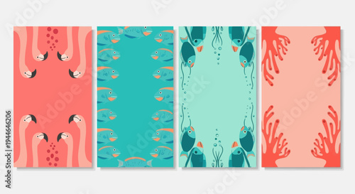 Set of four vibrant illustrated card designs with marine and flamingo motifs