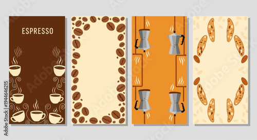 Coffee Themed Design Templates: Espresso, Beans, Moka Pot, Biscotti